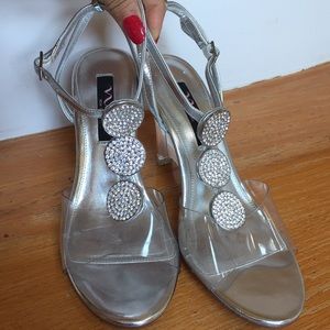 Nina triple strappy crystal medallion/Lucite heels